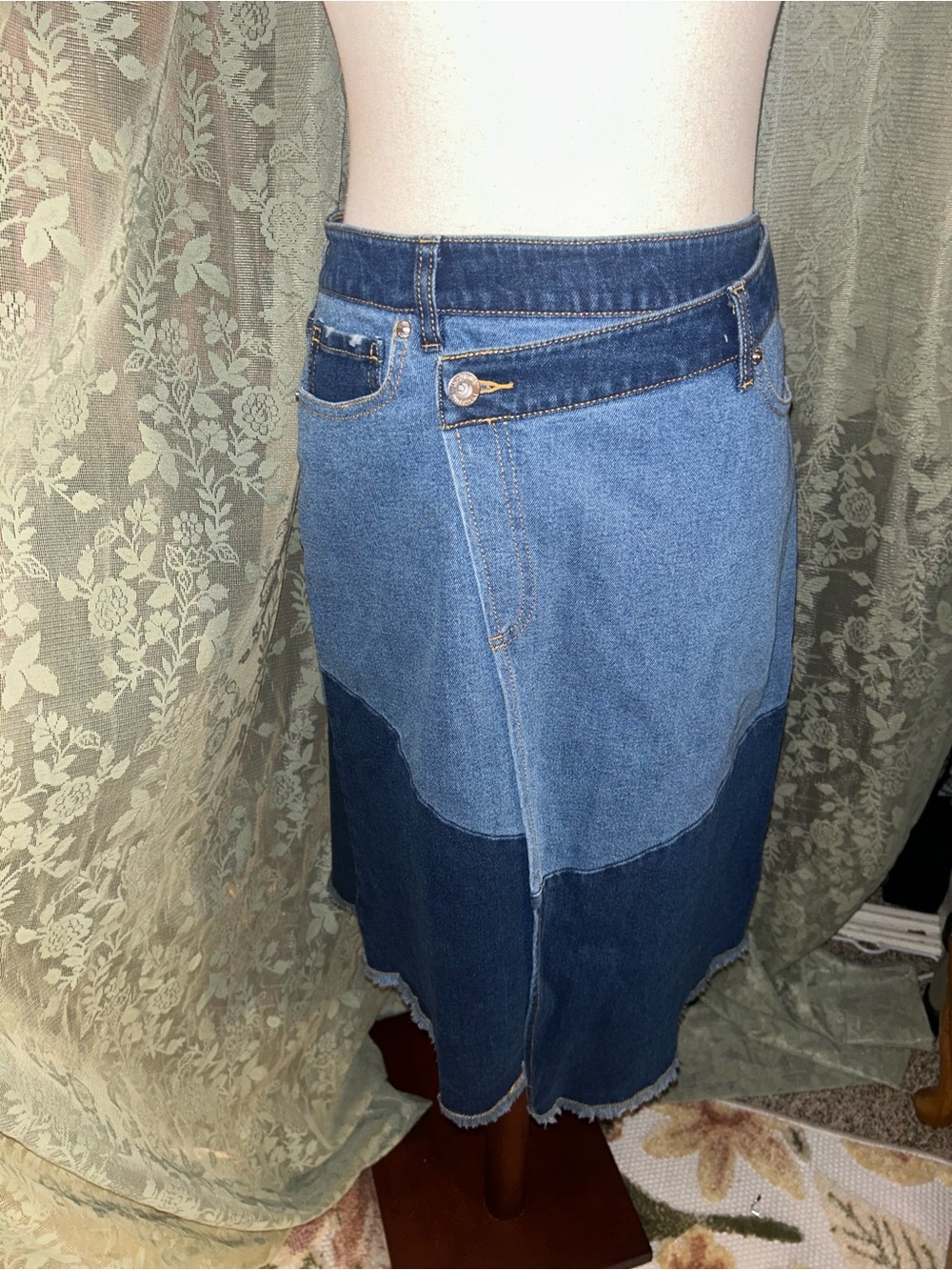 Denim Patchwork Midi Wrap Skirt